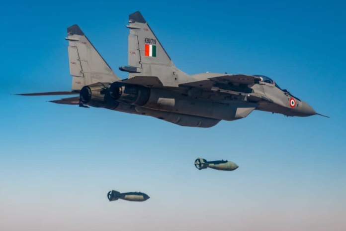 An Indian Air Force (IAF) fighter jet firing an Astra missile during a military drill